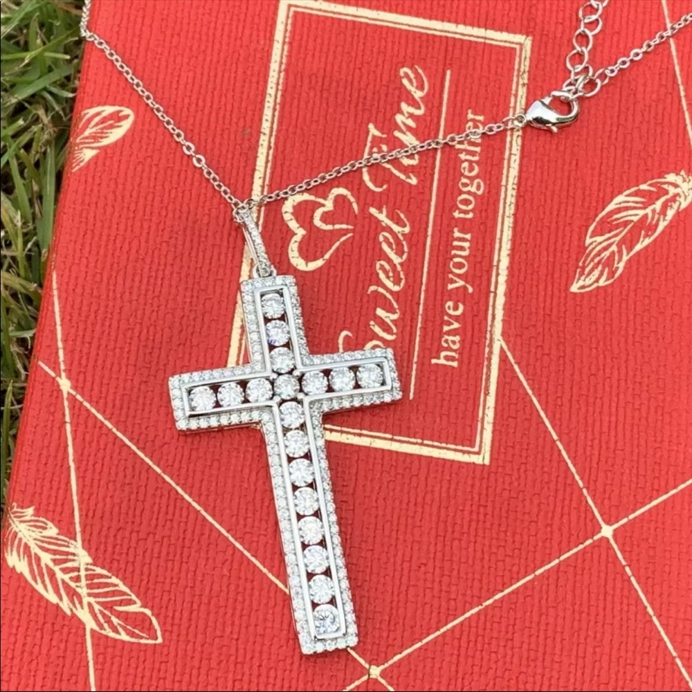 New 925 Silver Men Women Luxury Cross Diamond Necklace - Picture 14 of 16